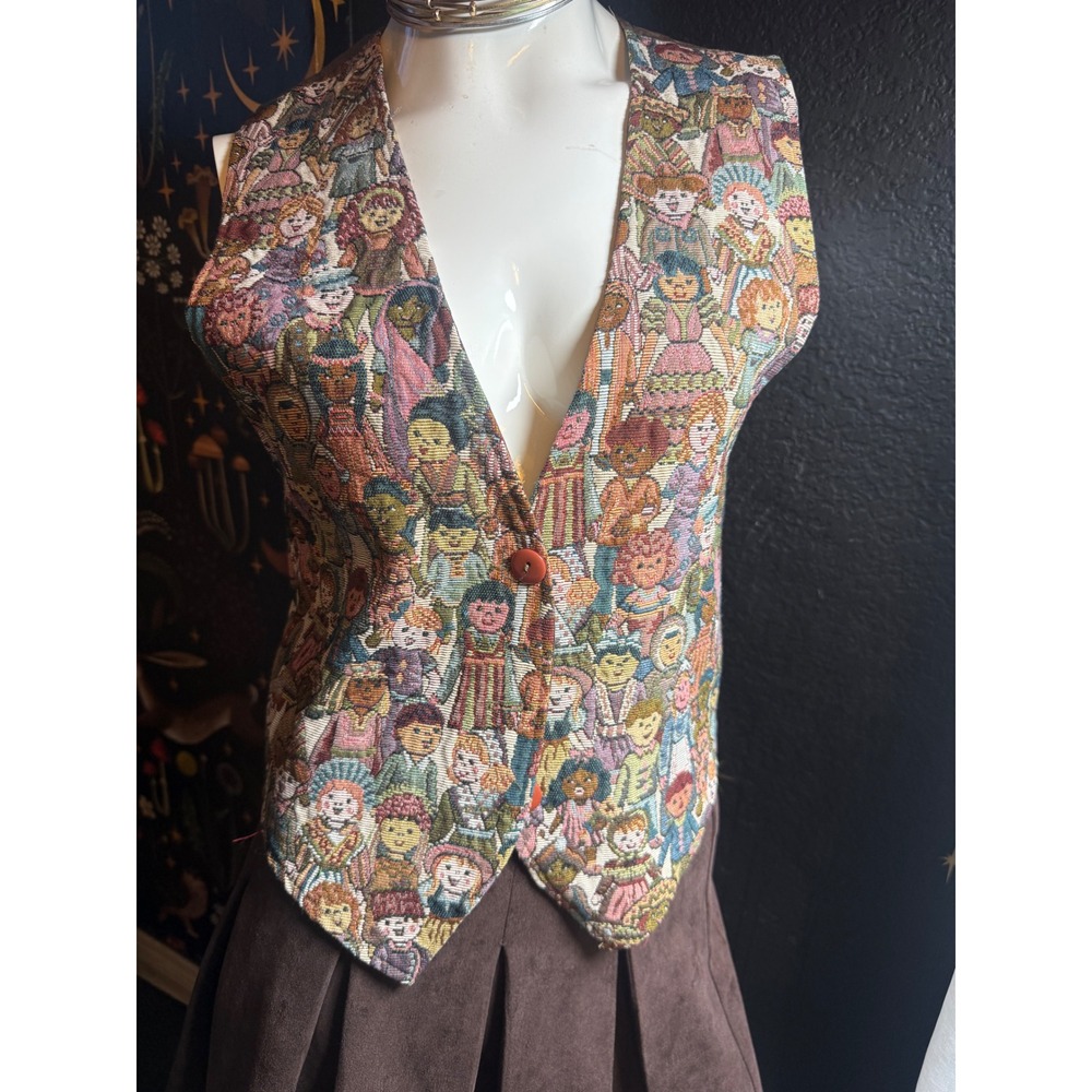Facets by Mirrors Vintage Tapestry People Print Vest Medium Made in USA Brown